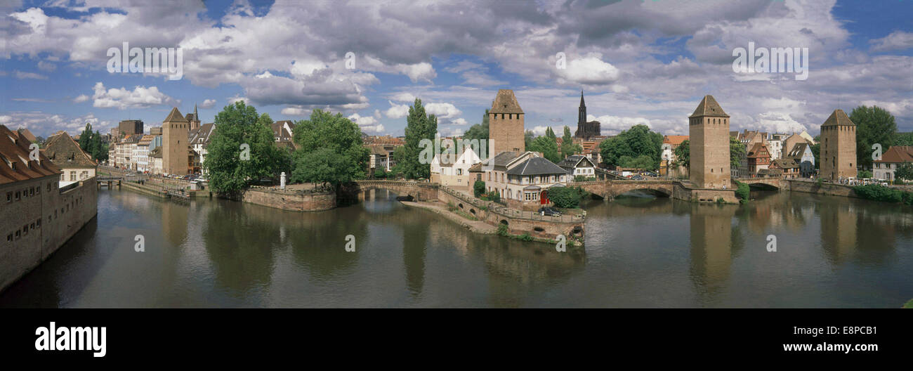 Strasbourg, panoramic scene, la petite France, Ponts Couverts, skyline of the city and the river, old towers, bridges and church, Panoramaaufnahme Stock Photo