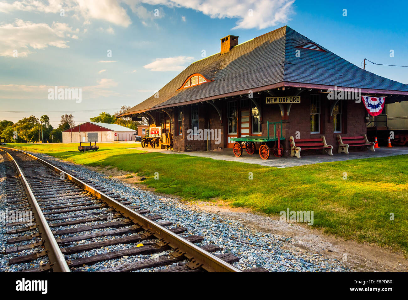 Railroad tracks and the train station in New Oxford, Pennsylvania Stock