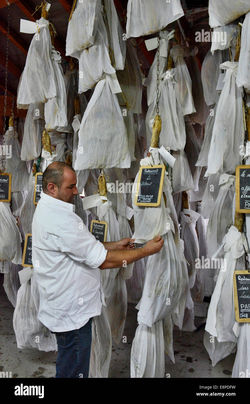 France, Pays Basque, Atlantic Pyrenees, Hasparren, drying ham Ibalona at the master butcher Louis Ospital Stock Photo