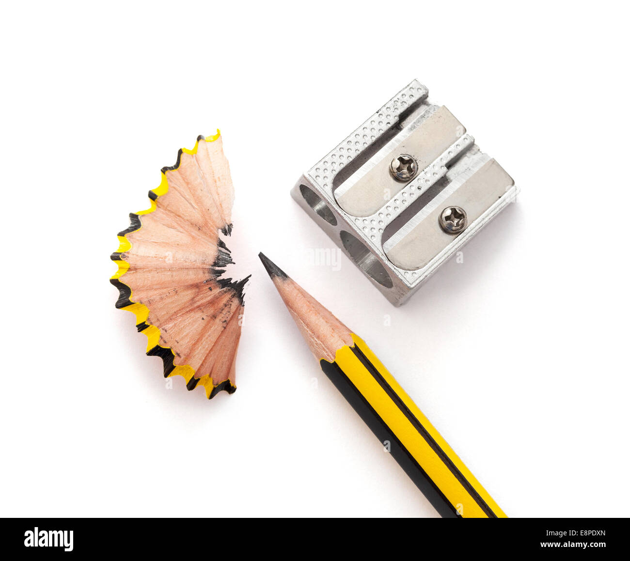 Pencil and pencil sharpener on white paper background Stock Photo