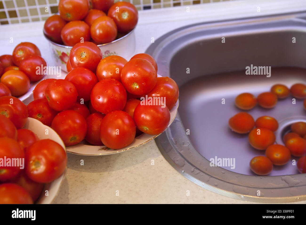 Fresh wet tomatoes on a plate prepared for pasteurization Stock Photo