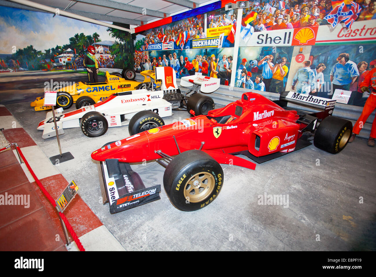A selection of famous F1 racing cars in the Hall of Motor Sport at the Haynes International Motor Museum Sparkford Somerset UK Stock Photo