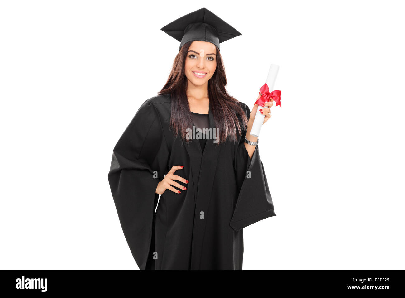 Female graduate student holding a diploma isolated on white background ...