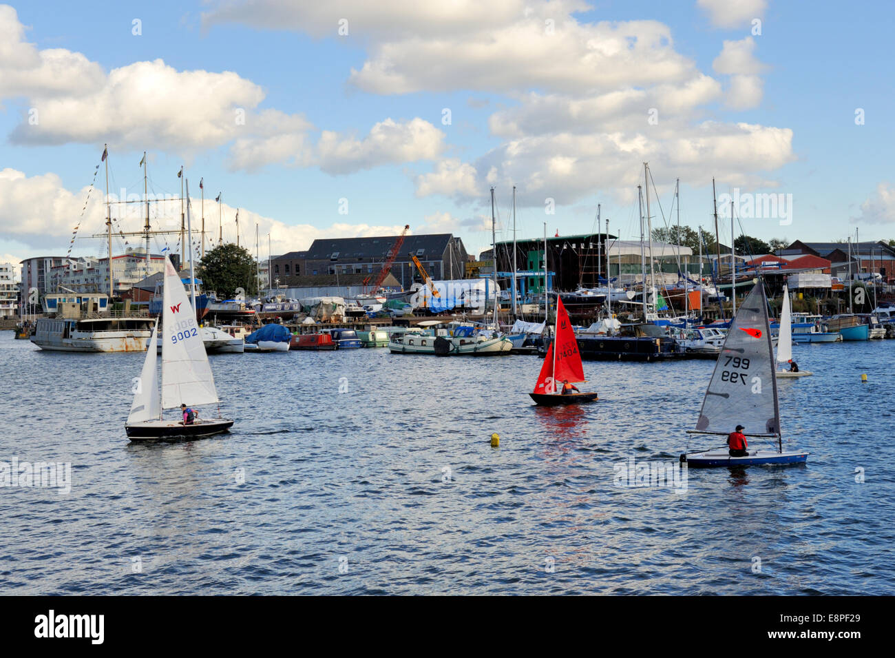 Bristol City Docks have become a tourist and activity area. Sail boats in harbour by marina. UK Stock Photo