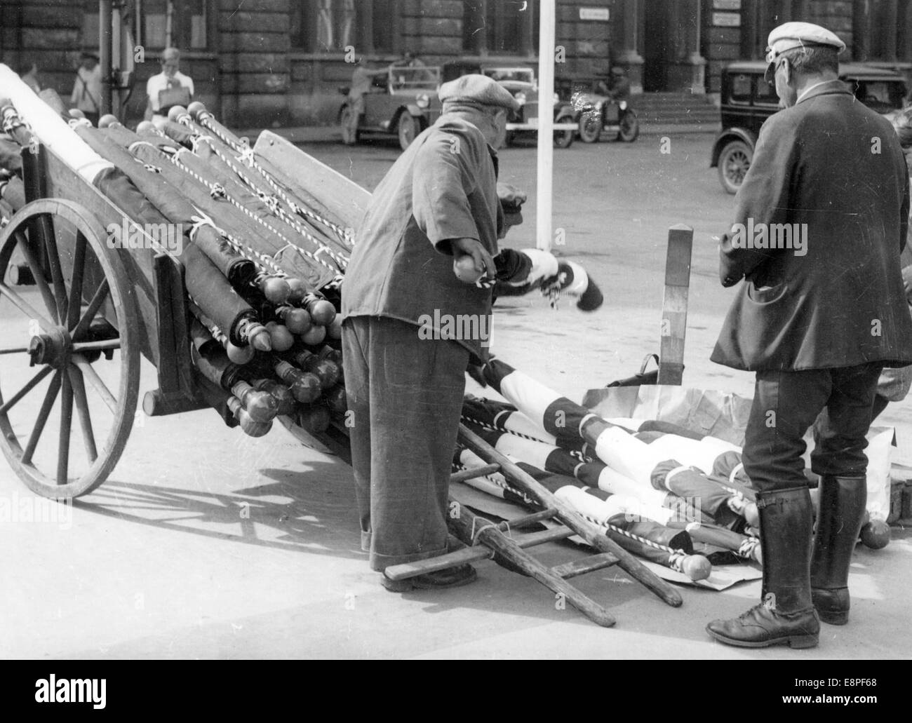 Nuremberg Rally 1933 in Nuremberg, Germany - Flags with swastikas are prepared for use in the streets of the city. (Flaws in quality due to the historic picture copy) Fotoarchiv für Zeitgeschichtee - NO WIRE SERVICE - Stock Photo