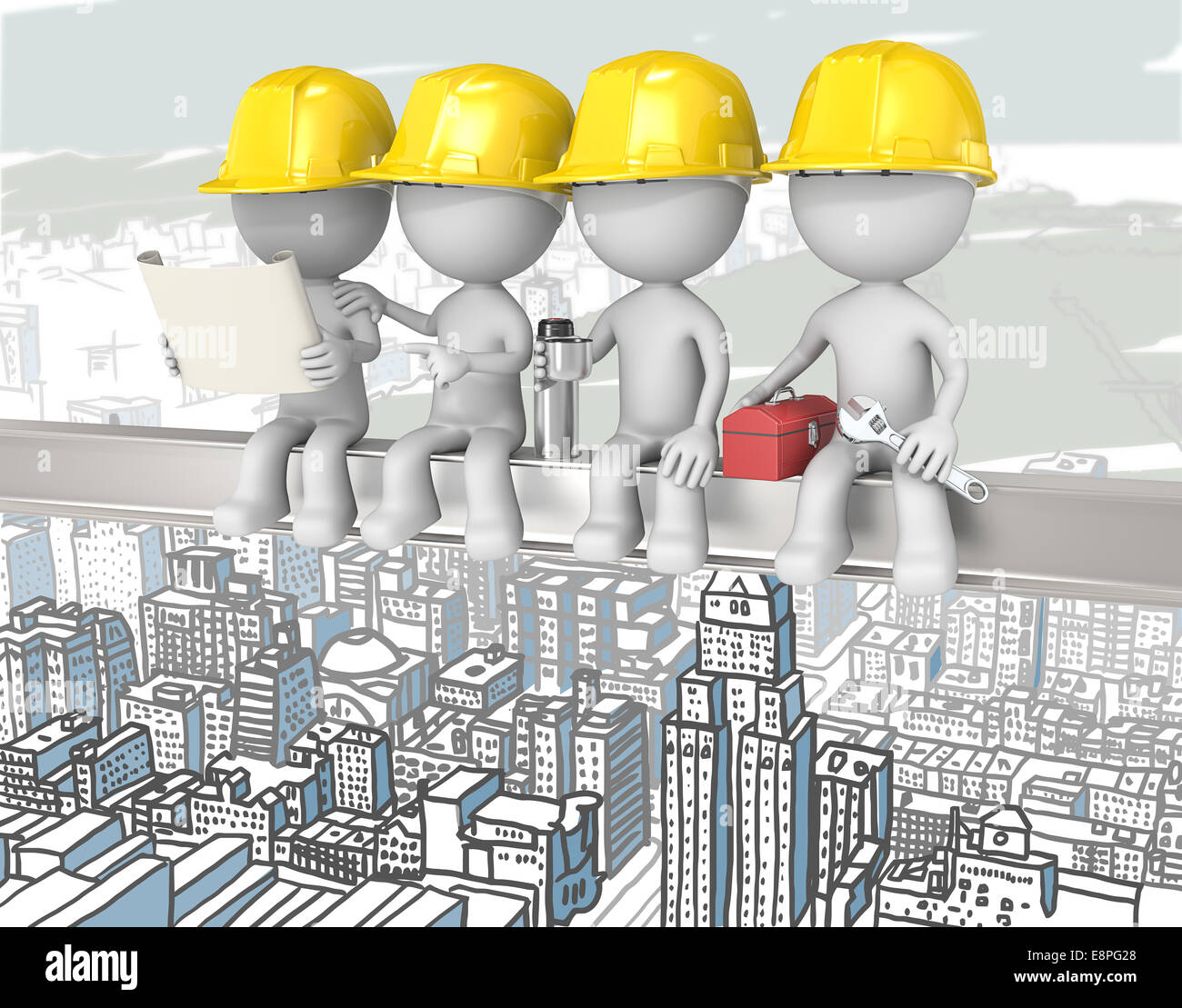 Dude the construction workers sitting on a Crossbeam. Cityscape background. Stock Photo