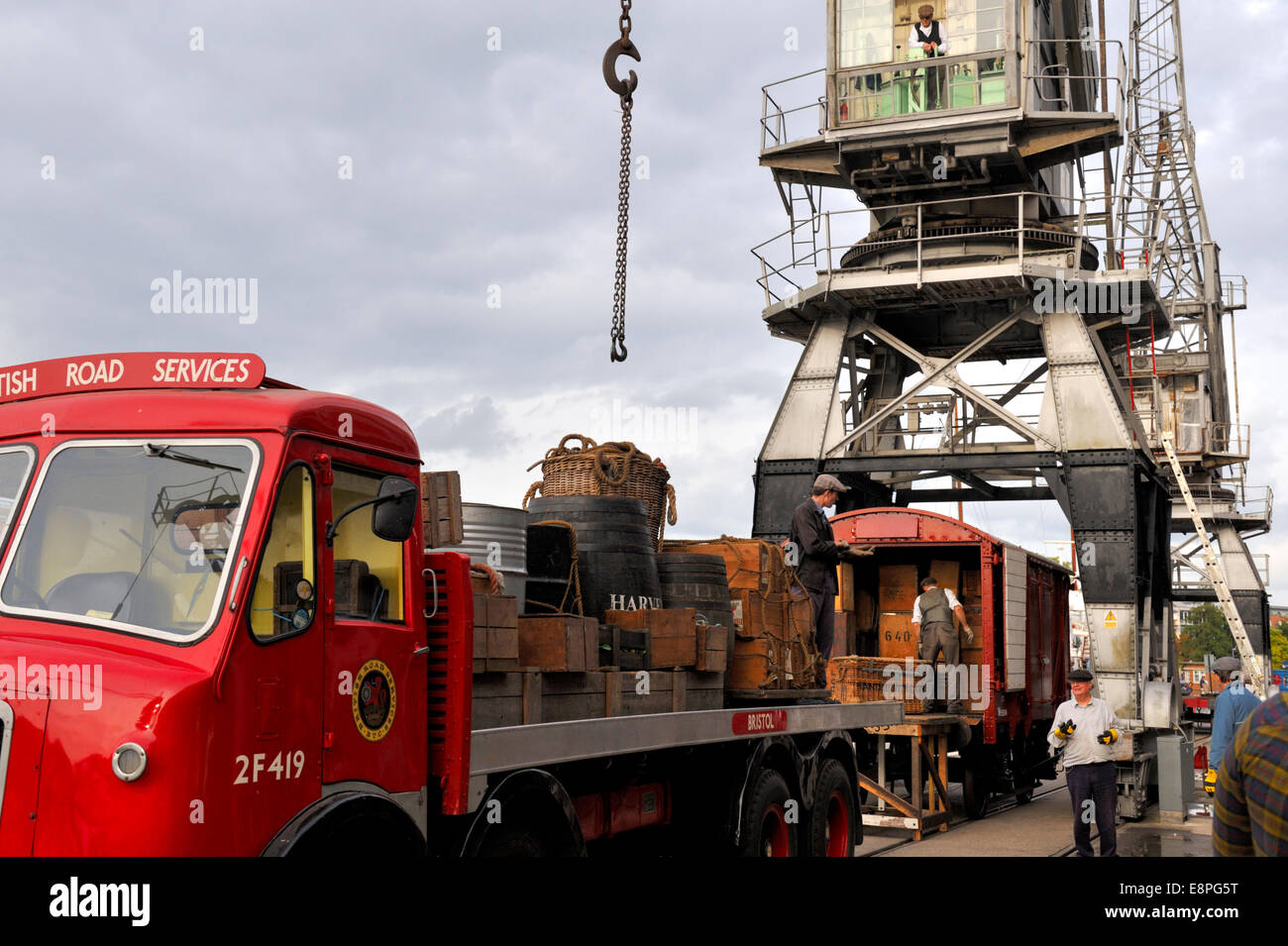 Reenactment of 1950's cargo loading / unloading British Road Services