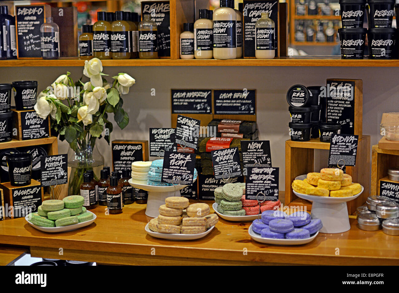 Colorful soap displays at the Lush store on East 14th Street in Greenwich Village, New York City Stock Photo