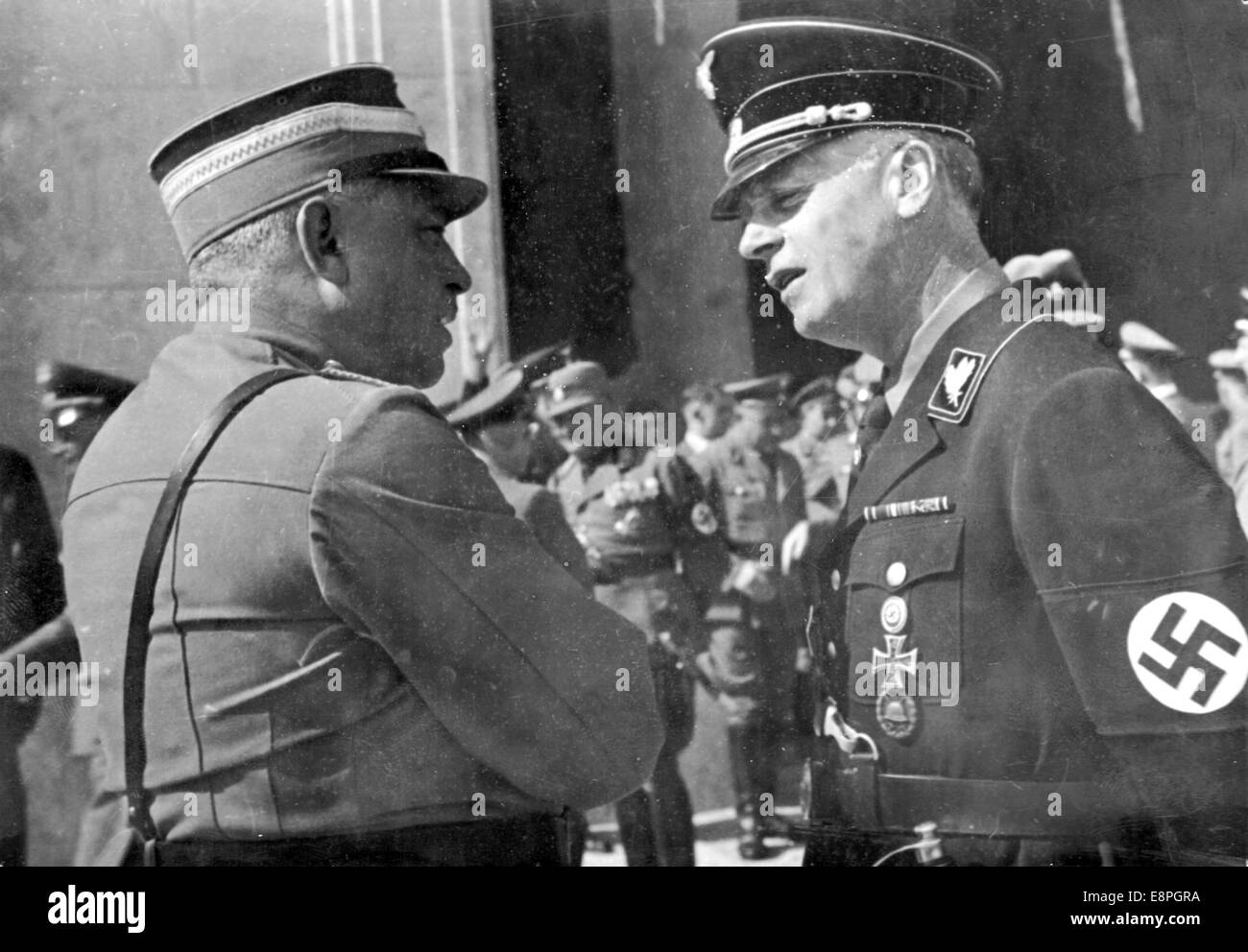 Nuremberg Rally 1937 in Nuremberg, Germany - German ambassador to the United Kingdom Joachim von Ribbentrop (R) talks to Reich Minister Hans Kerrl in front of Luitpold Hall on the occasion of the start of the party congress at the Nazi party rally ground. (Flaws in quality due to the historic picture copy) Fotoarchiv für Zeitgeschichtee - NO WIRE SERVICE - Stock Photo