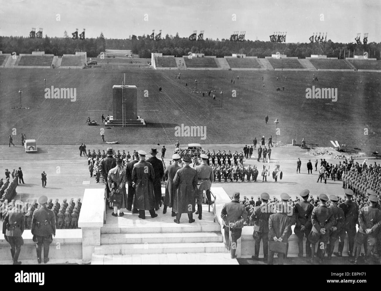 Nuremberg Rally 1936 in Nuremberg, Germany - Last rehearsal of the roll call of the P.O. ('Politische Organisation, lit. Political Organization) in the presence of Nazi politician Robert Ley (on the main stand) at zeppelin Gield at the Nazi party rally grounds on 08 September 1936 . (Flaws in quality due to the historic picture copy) Fotoarchiv für Zeitgeschichtee - NO WIRE SERVICE - Stock Photo