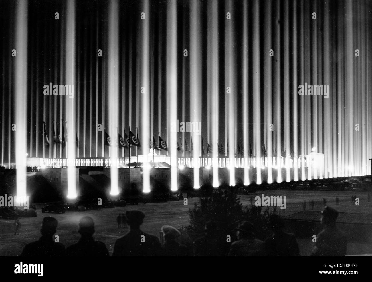 Nuremberg Rally 1937 in Nuremberg, Germany - Hundreds of anti-aircraft searchlights light up the night sky during the roll call of the political leaders of the Nazi party (NSDAP) on Zeppelin Field at the Nazi party rally grounds. (Flaws in quality due to the historic picture copy) Photo: Berliner Verlag/Archive - NO WIRE SERVICE - Stock Photo