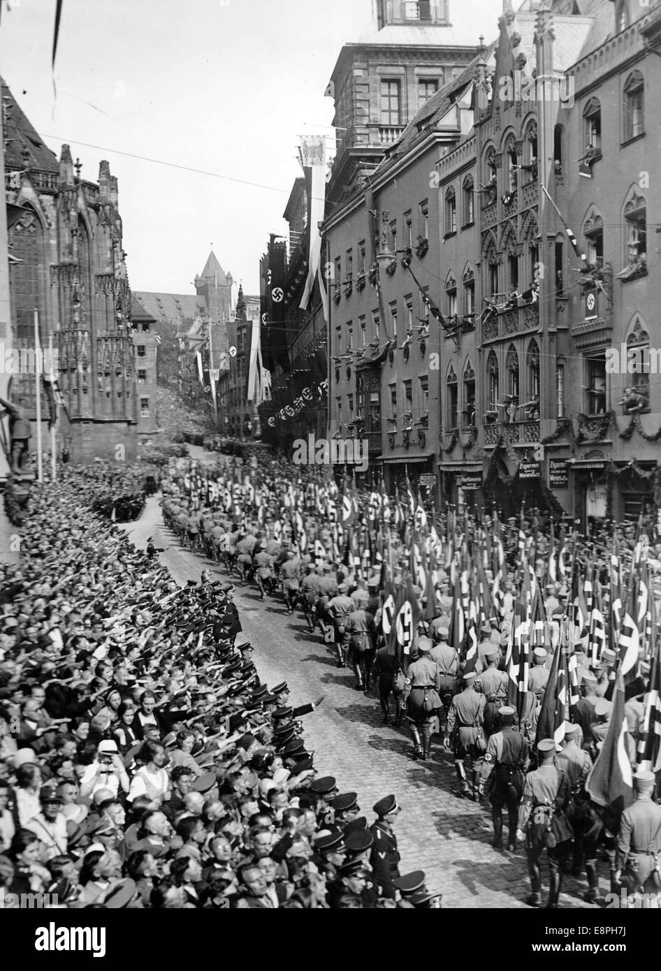 Nuremberg Rally 1936 in Nuremberg, Germany - Members of the Sturmabteilung (SA) march through the streets of the city. (Flaws in quality due to the historic picture copy) Fotoarchiv für Zeitgeschichtee - NO WIRE SERVICE - Stock Photo