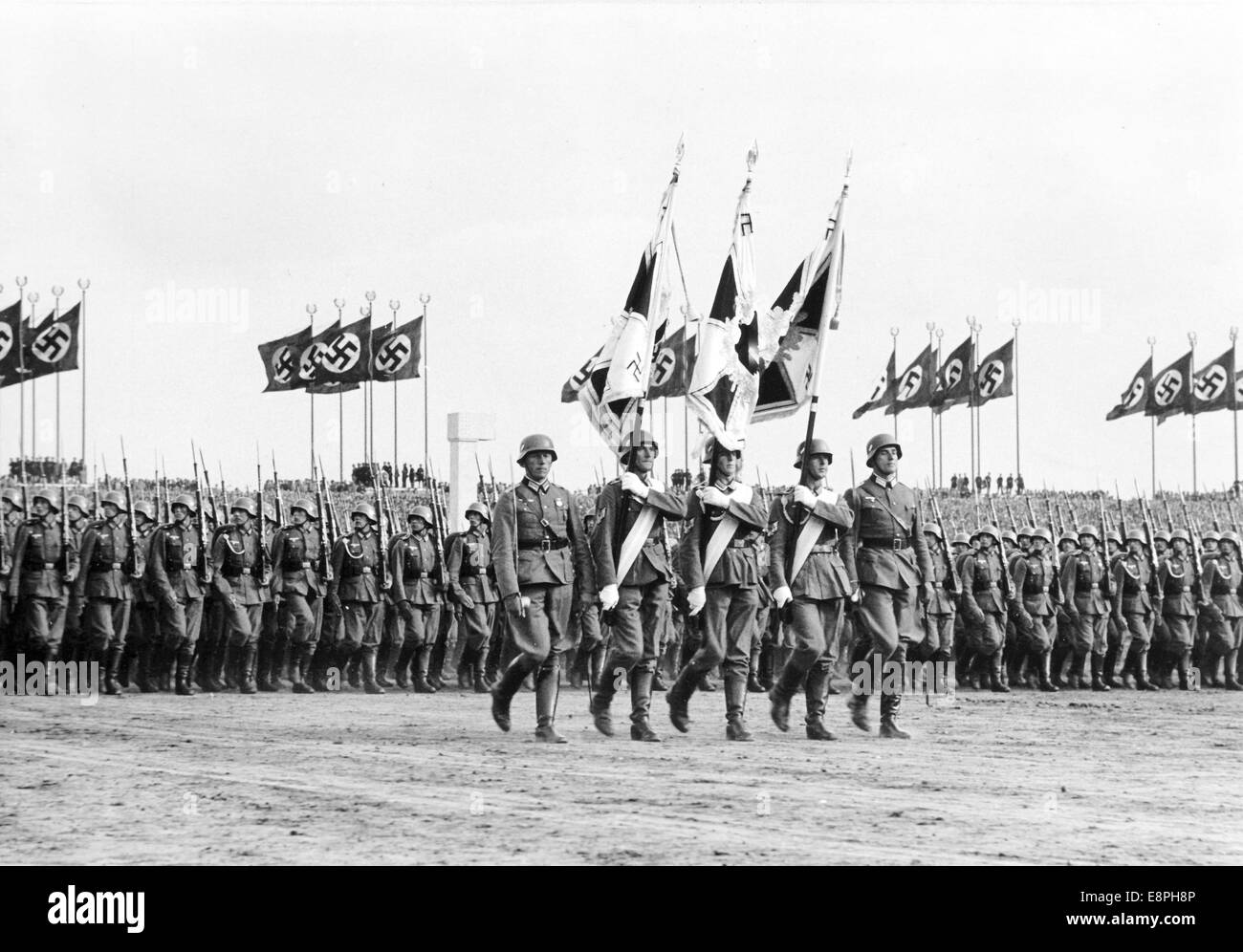 Nuremberg Rally 1937 in Nuremberg, Germany - Nazi party rally grounds - Demonstration by the German Wehrmacht (armed forces) on Zeppelin Field, here parade of the infantry. (Flaws in quality due to the historic picture copy) Fotoarchiv für Zeitgeschichtee - NO WIRE SERVICE - Stock Photo
