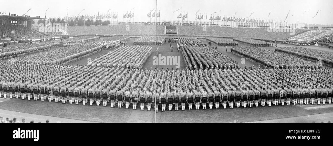 Nuremberg Rally 1938 in Nuremberg, Germany - The contemporary combination picture shows a rally of the Hitler Youth at the Stadium of the Hitler Youth at the Nazi party rally grounds. (Flaws in quality due to the historic picture copy) Fotoarchiv für Zeitgeschichtee - NO WIRE SERVICE - Stock Photo