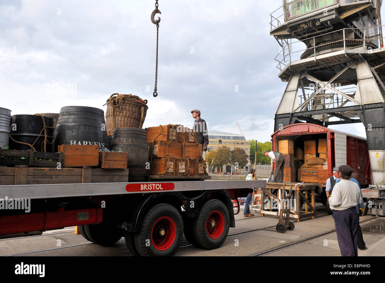 Reenactment of 1950's cargo loading / unloading British Road Services