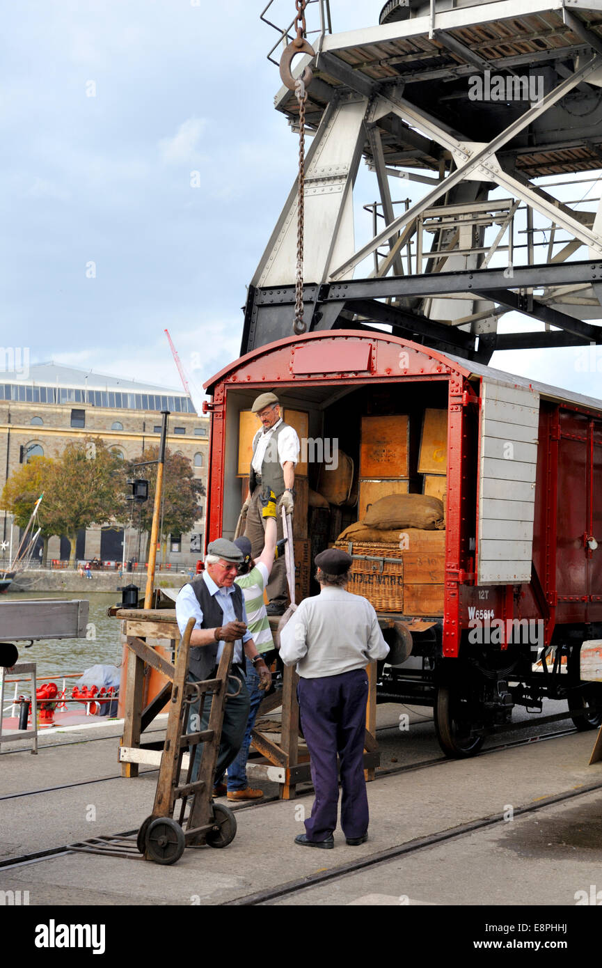 Reenactment of 1950's cargo loading / unloading railway wagon with