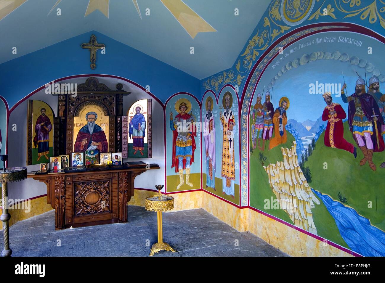 Ivan Rilski alterpiece and mural of St Rilski meeting  Tsar Peter in the stone chapel of St. Ivan Rilski in Sozopol, Bulgaria Stock Photo