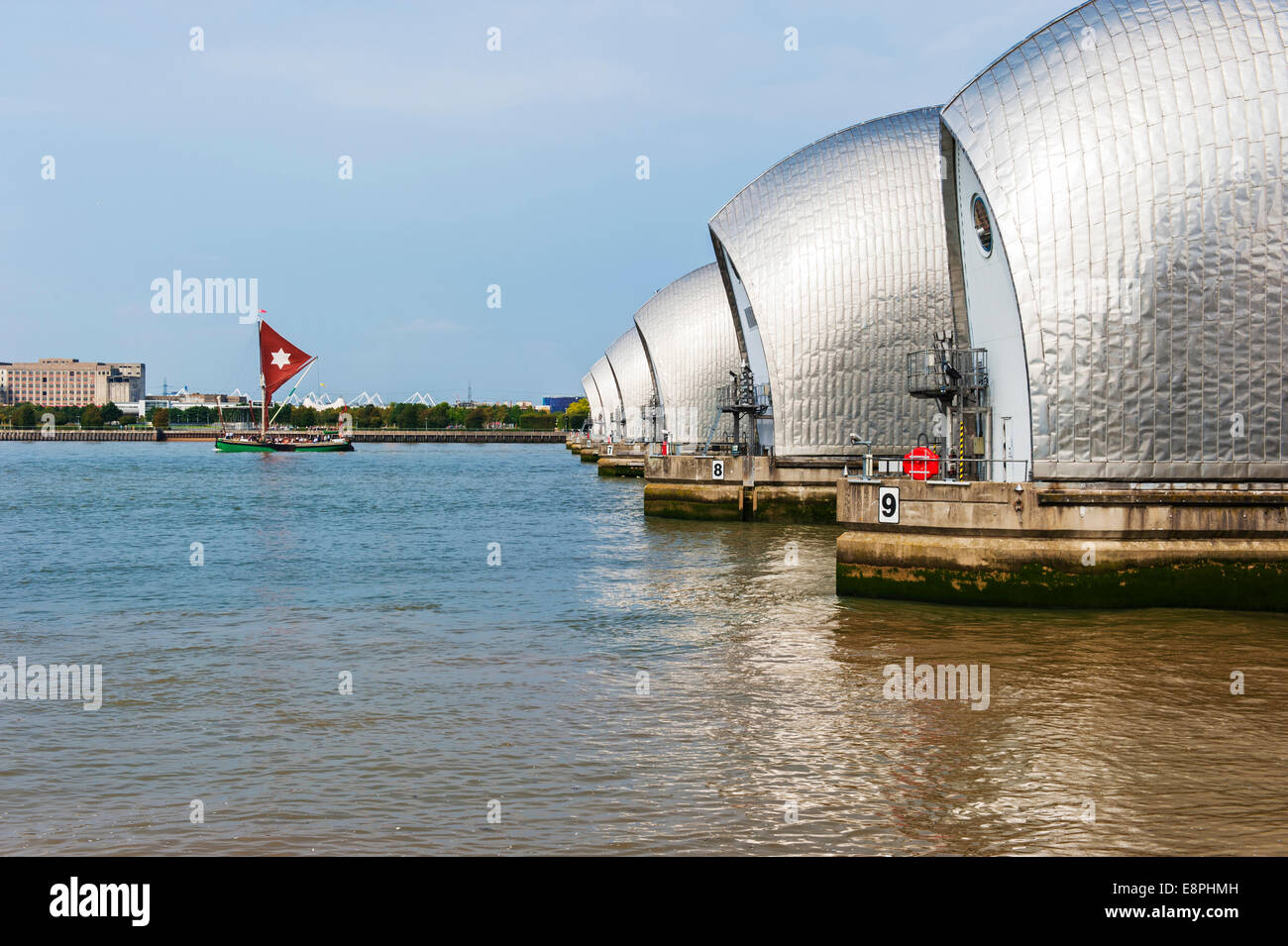 Thames Barrier, London and a Sailing Barge taking part in the Tall Ships Regatta Stock Photo
