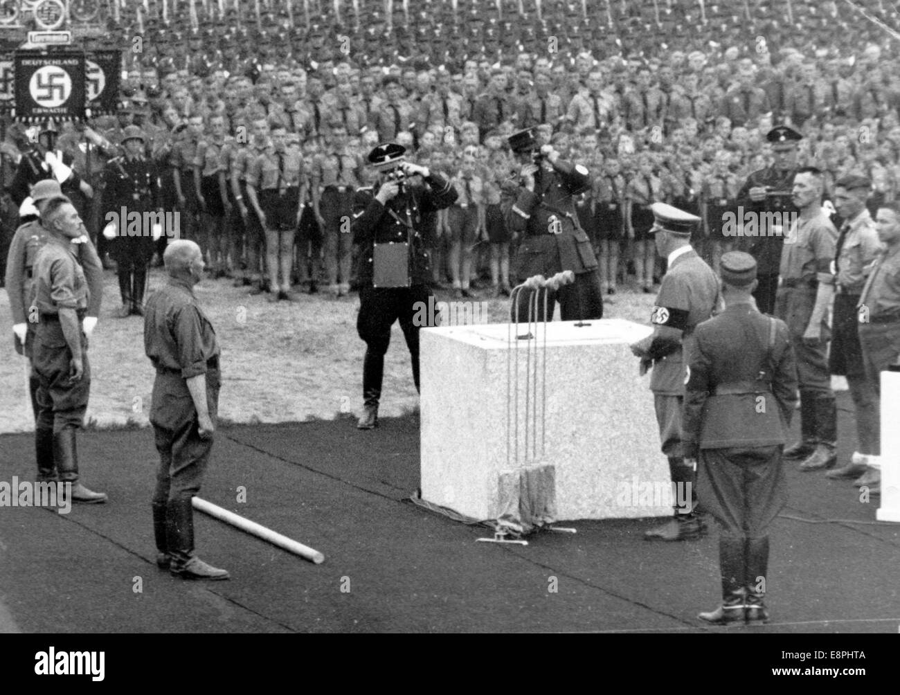 Nuremberg Rally 1937 in Nuremberg, Germany - Laying of the foundation stone for the German stadium on the Nazi party rally grounds on 09 September 1937 in the presence of Adolf Hitler. Flaws in quality due to the historic picture copy) Fotoarchiv für Zeitgeschichtee - NO WIRE SERVICE - Stock Photo