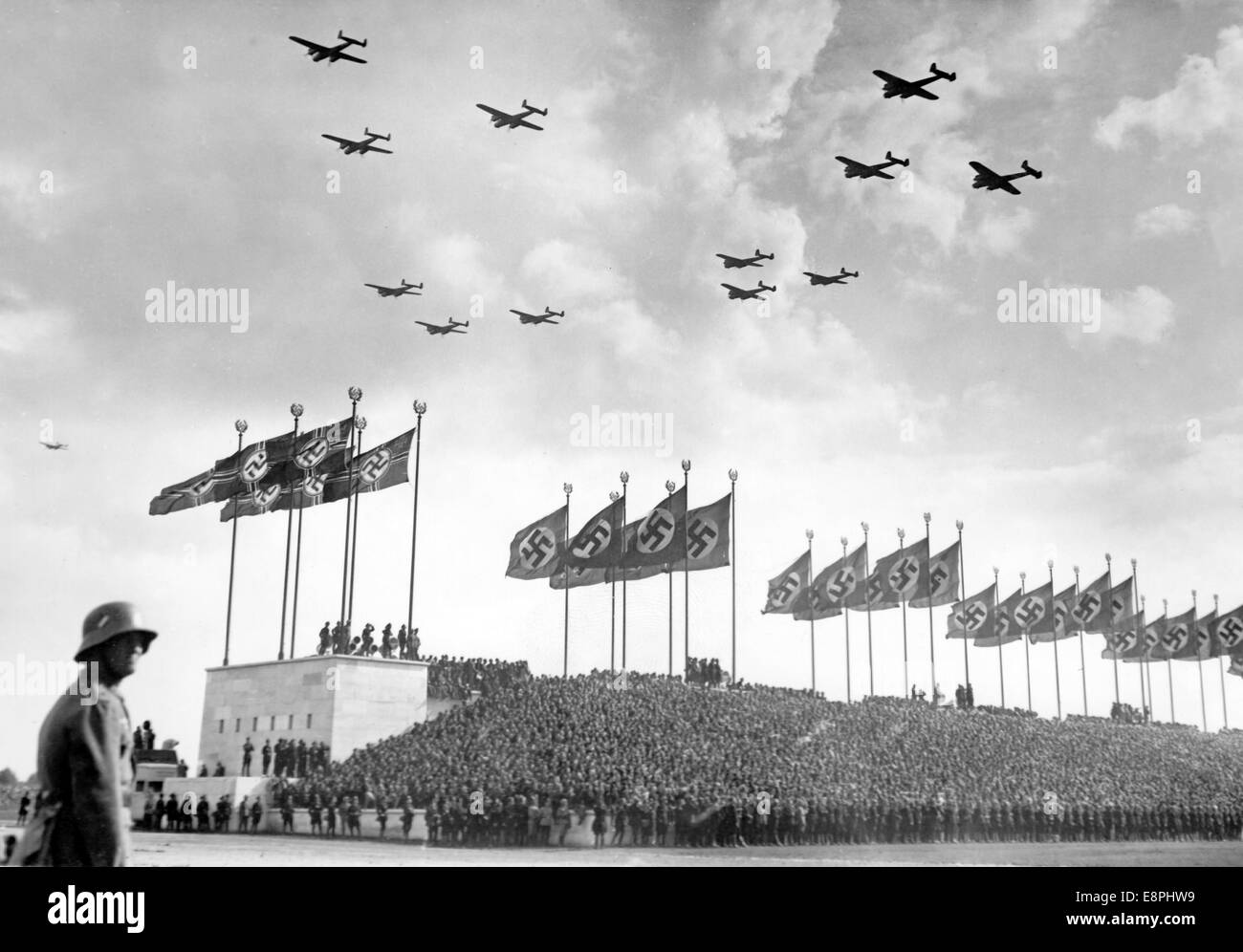 Nuremberg Rally 1937 in Nuremberg, Germany - Display of the Nazi armed forces (Wehrmacht) on Zeppelin Field at the Nazi party rally grounds, here the air force (Luftwaffe). (Flaws in quality due to the historic picture copy) Fotoarchiv für Zeitgeschichtee - NO WIRE SERVICE - Stock Photo