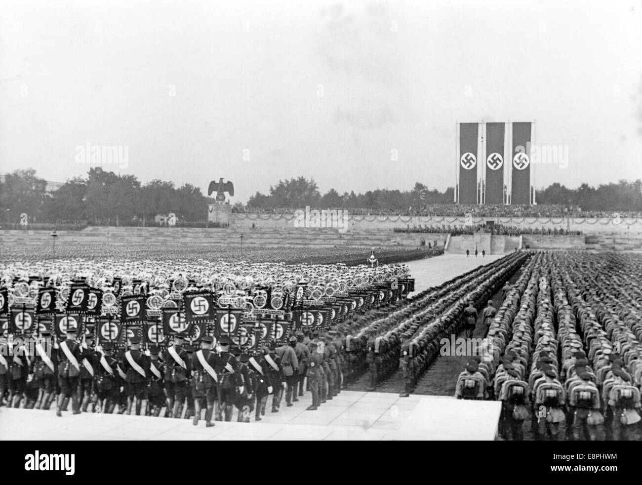 Nuremberg Rally in Nuremberg, Germany - Nazi party rally grounds - March-in of the standards for the great roll call of Sturmabteilung (SA), Schutzstaffel (SS), National Socialist Motor Corps (NSKK) and National Socialist Flyers Corps (NSFK). (Flaws in quality due to the historic picture copy) Fotoarchiv für Zeitgeschichtee - NO WIRE SERVICE - Stock Photo