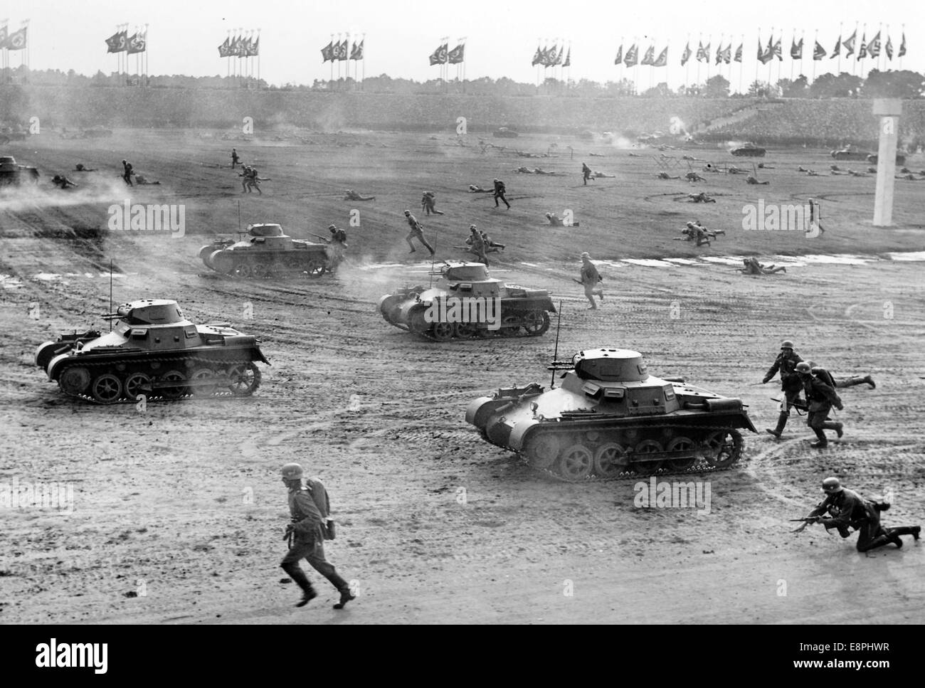 Nuremberg Rally 1937 in Nuremberg, Germany - Nazi party rally grounds - Demonstration by the Nazi armed forces (Wehrmacht) on Zeppelin Field. Here: advancing tanks and infantry. (Flaws in quality due to the historic picture copy) Fotoarchiv für Zeitgeschichtee - NO WIRE SERVICE - Stock Photo