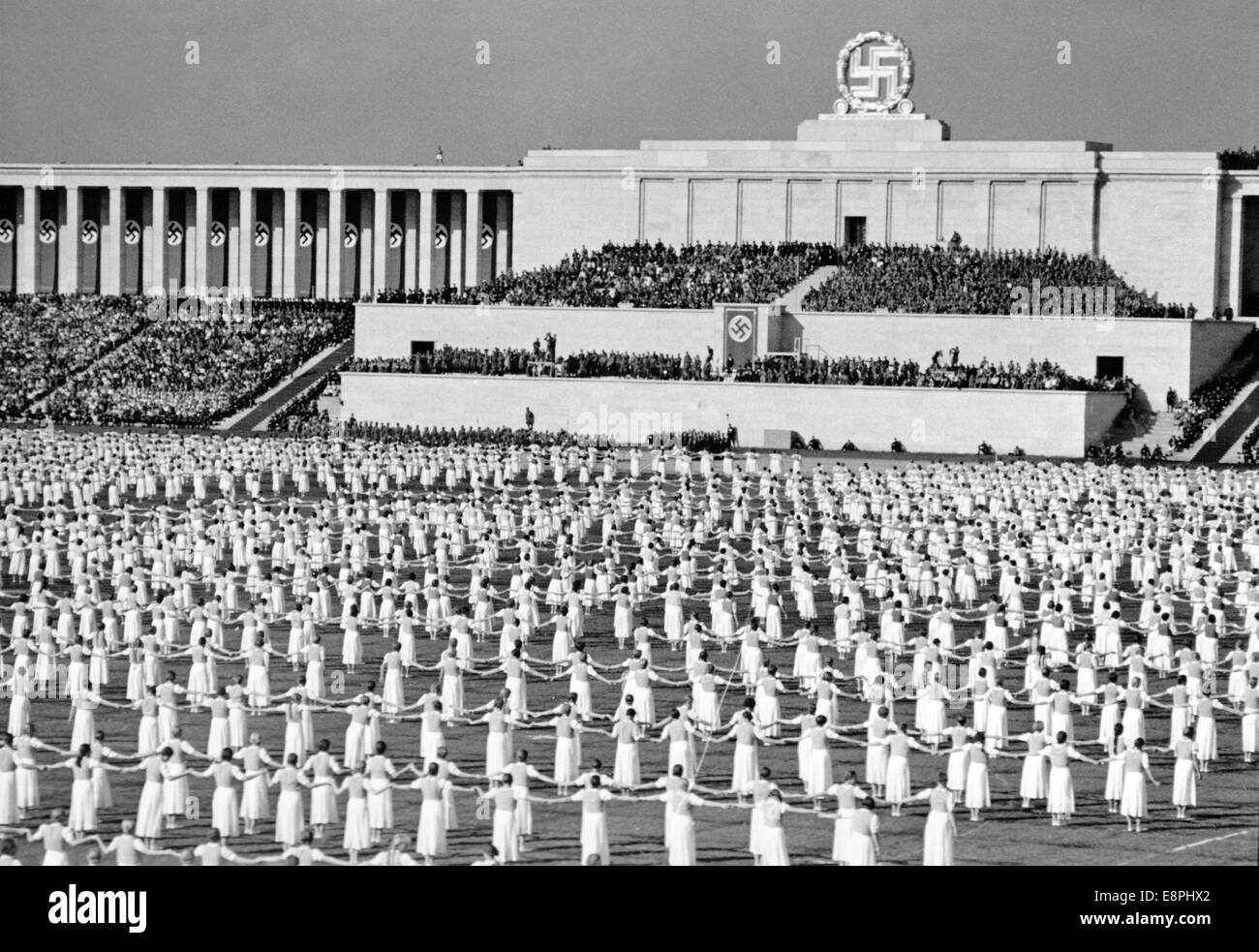 Nuremberg Rally in Nuremberg, Germany - Events on the occasion of 'Day of the Community' on Zeppelin Field, here 5,000 members of the League of German Girls (BDM) present folk dances. In the background the grandstand. (Flaws in quality due to the historic picture copy) Fotoarchiv für Zeitgeschichtee - NO WIRE SERVICE - Stock Photo