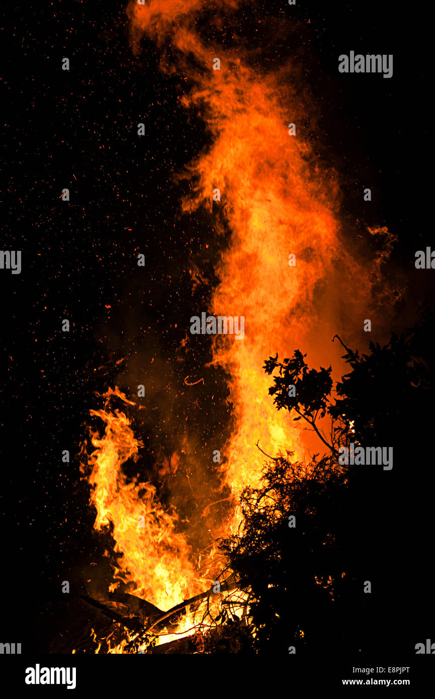 Large bonfire against a black night's sky making incredible shapes Stock Photo