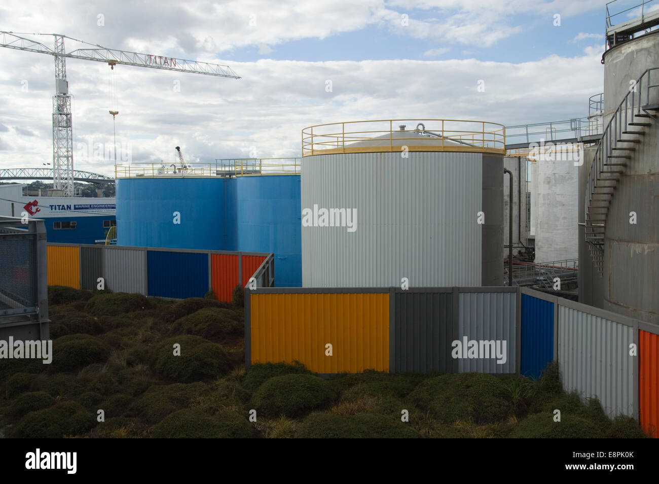 Urban Regeneration, Auckland, New Zealand, repainted fuel tanks in Auckland harbour, Stock Photo