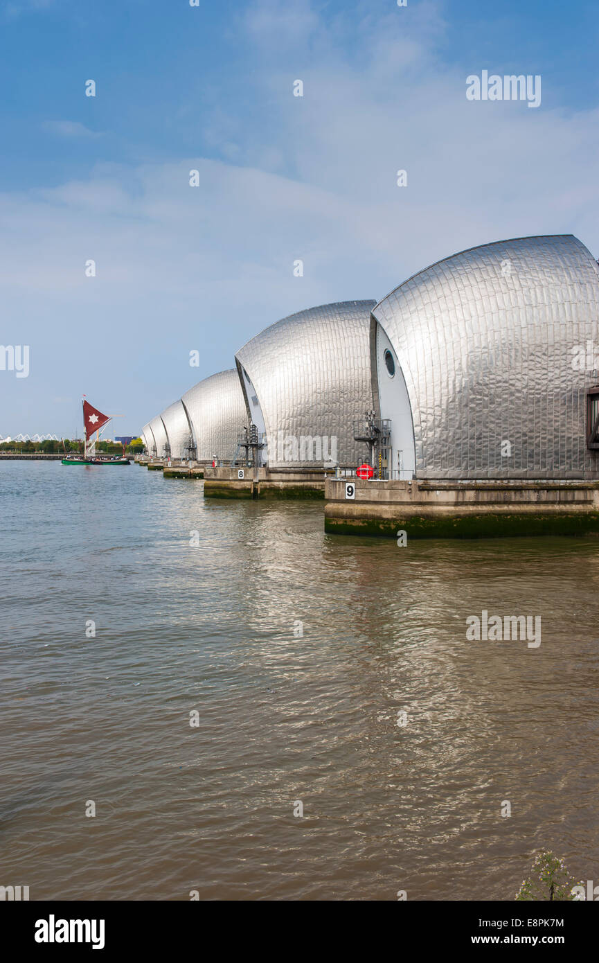 Thames Barrier, London and a Sailing Barge taking part in the Tall Ships Regatta Stock Photo