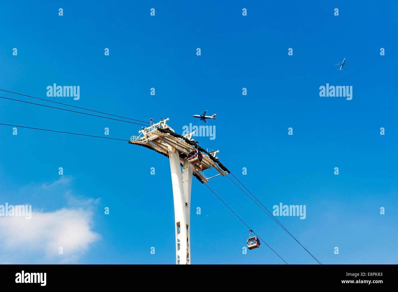 London Emirates Cable Car which crosses the River Thames with 3 planes also in view. Stock Photo