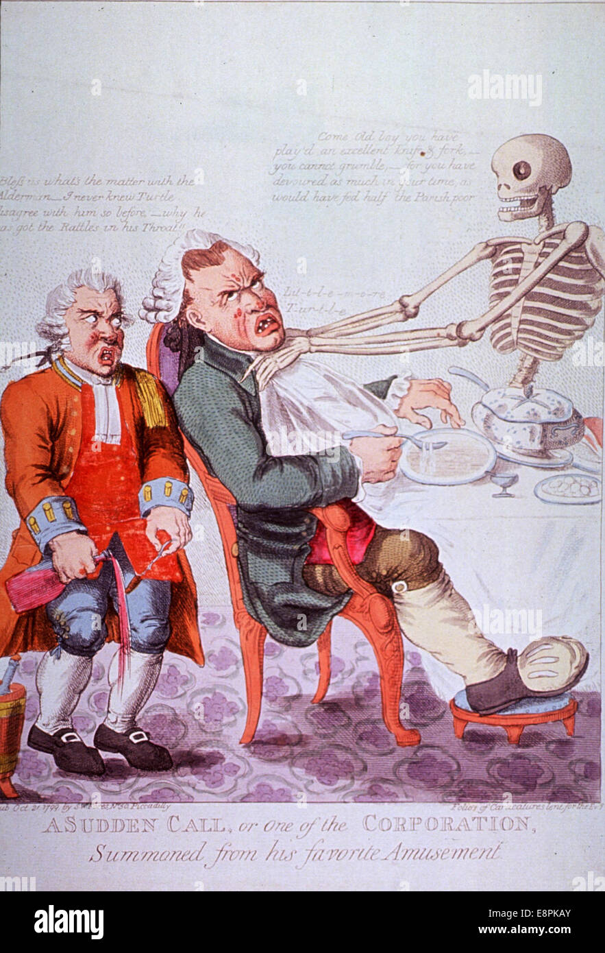 Physical Description: 1 print : engraving, color ; 39 x 29 cm. Image Description: A man with gouty foot is sitting at a table eating; he is being choked by the figure of Death, who condemns him for his gluttony; another man, a servant, stands to the left, Stock Photo