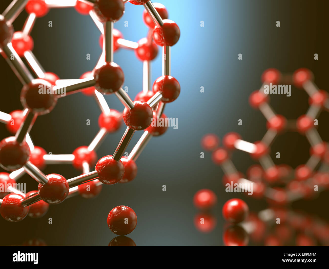 Molecular structure with red spheres interconnected with depth of field. Stock Photo