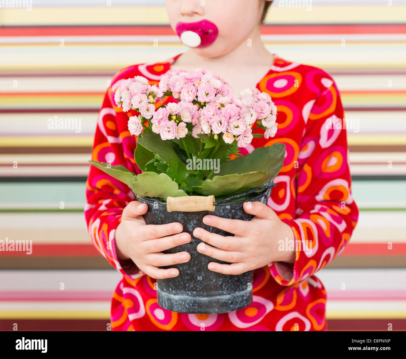 Little girl with red dress holding flower in flowerpot Stock Photo