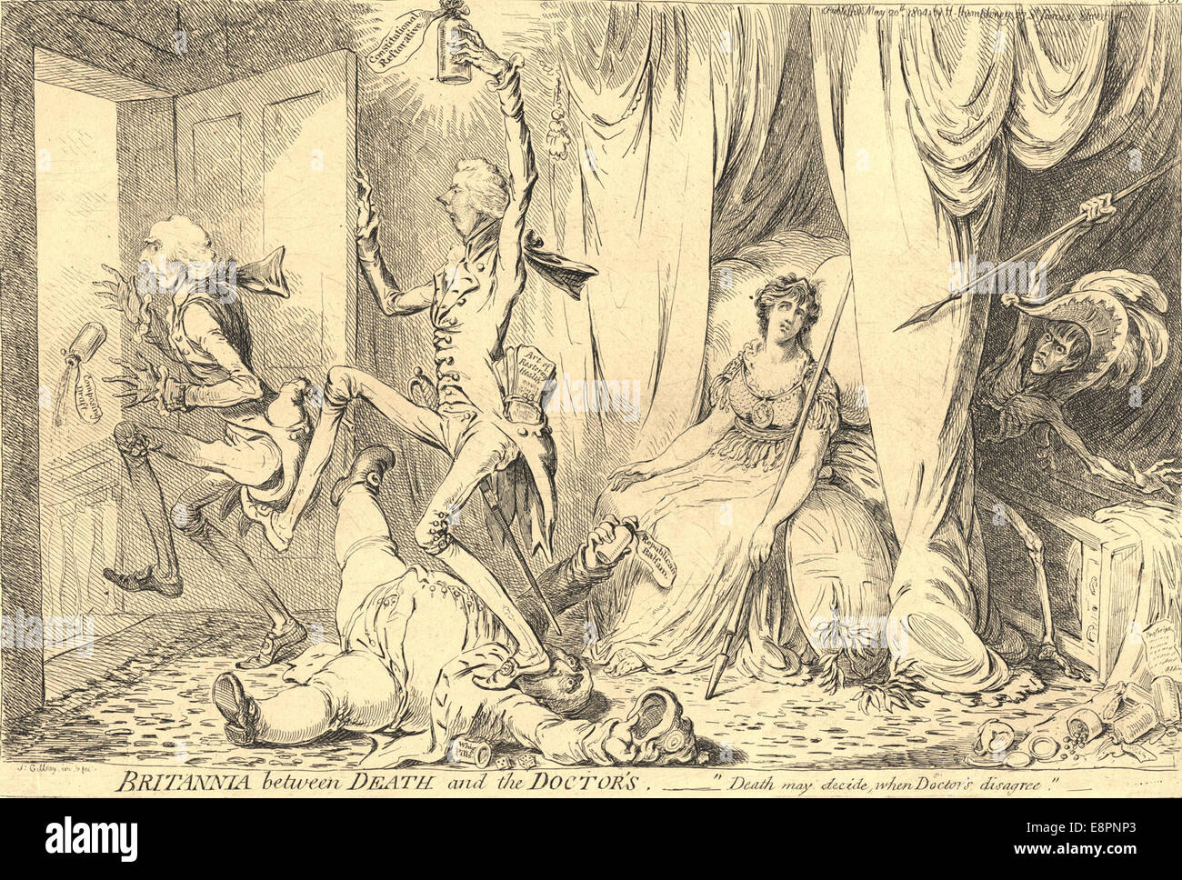 A satire of Pitt's return to office in 1804. Pitt is shown in the chamber of Britannia. Britannia sits listlessly on a bed, hol Stock Photo