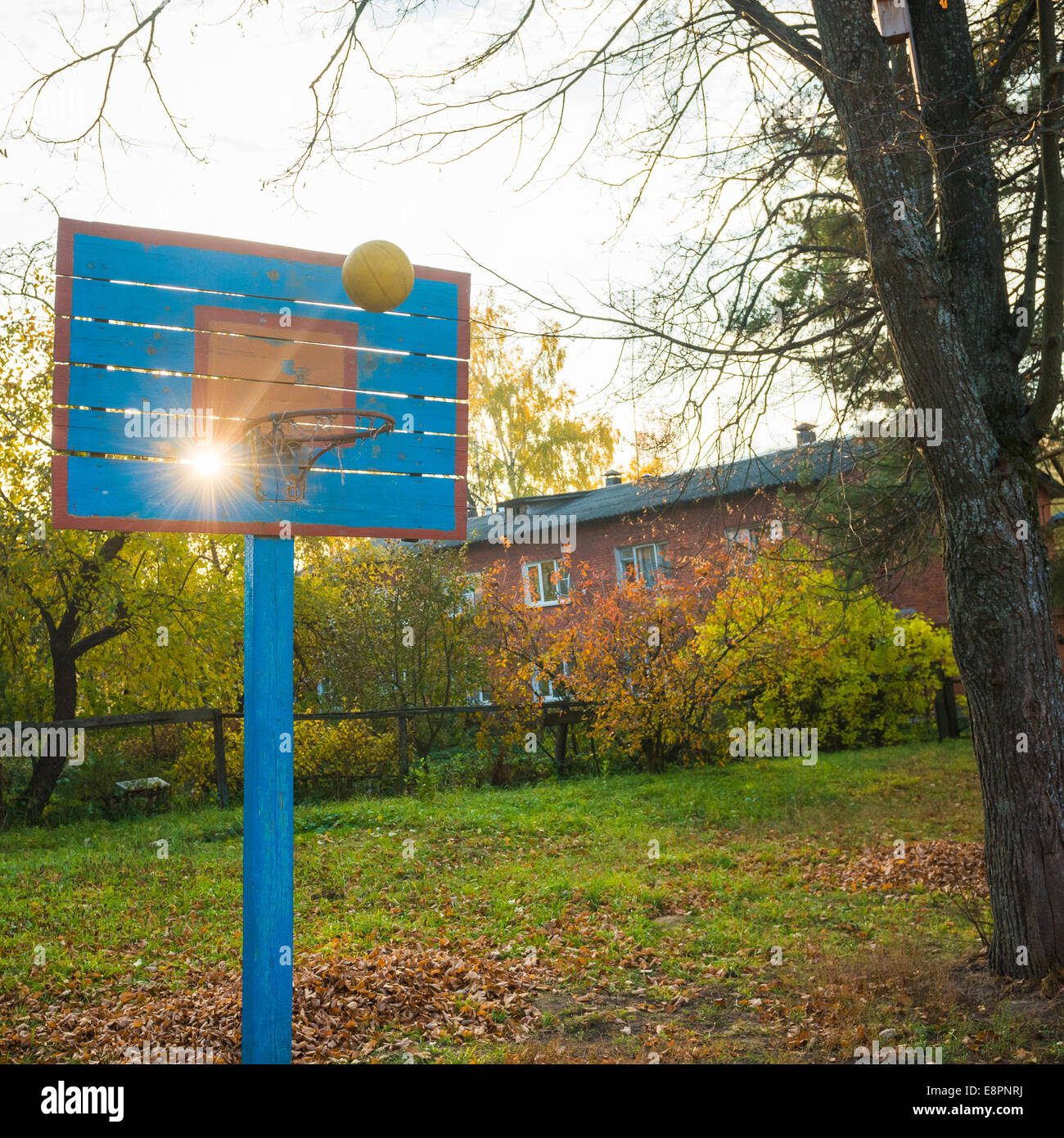 Basketball hoop with ball going in at sunset Stock Photo Alamy