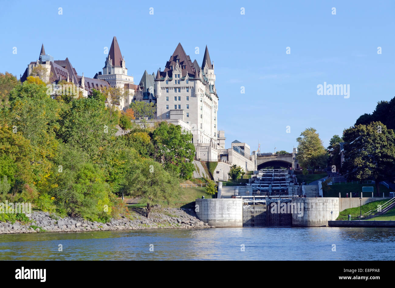 Fairmont Chateau Laurier and Rideau canal locks, Ontario, Canada Stock Photo