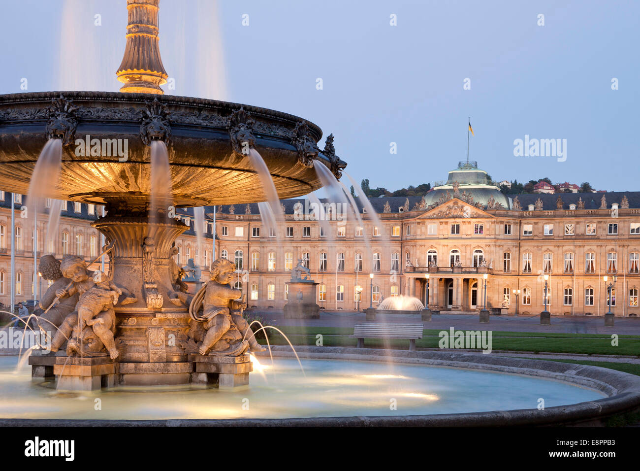 fountain on Schloßplatz square and the New Palace in Stuttgart at night, Baden-Württemberg, Germany, Europe Stock Photo
