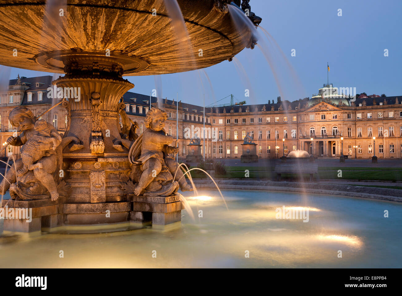 fountain on Schloßplatz square and the New Palace in Stuttgart at night, Baden-Württemberg, Germany, Europe Stock Photo