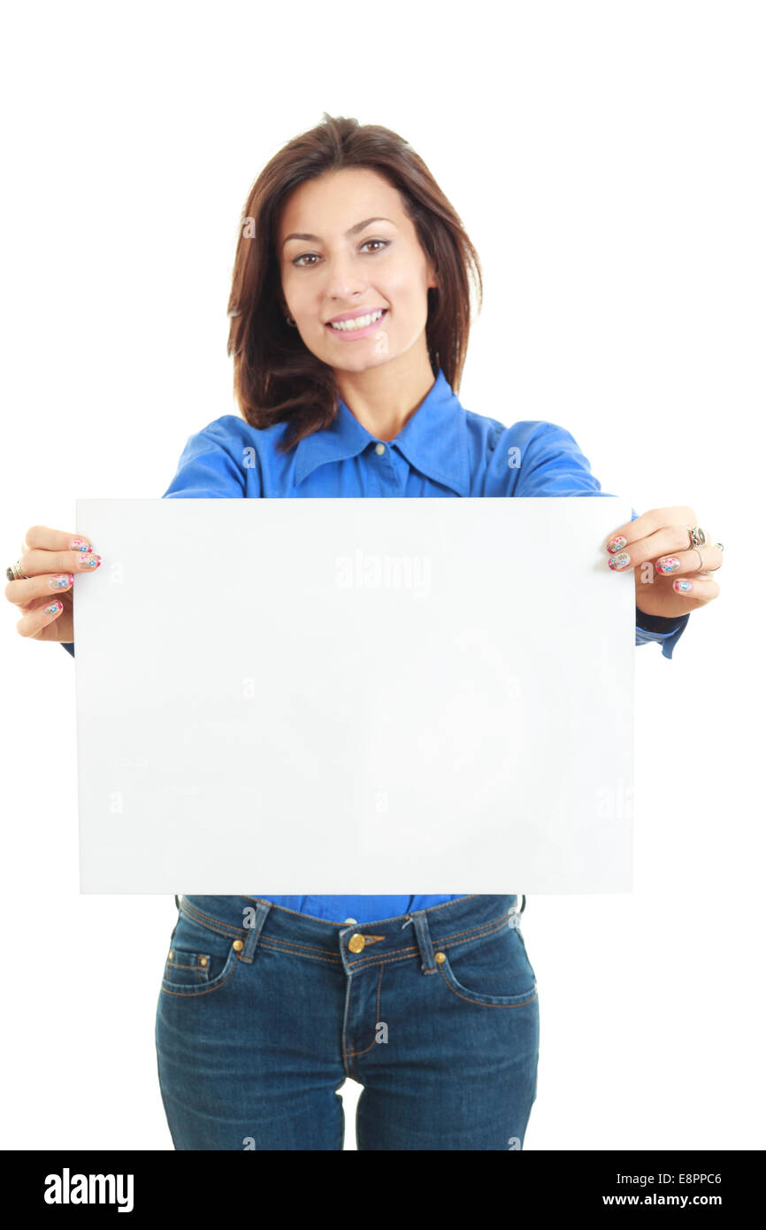 Beautiful smiling woman holding blank white board showing space for ...