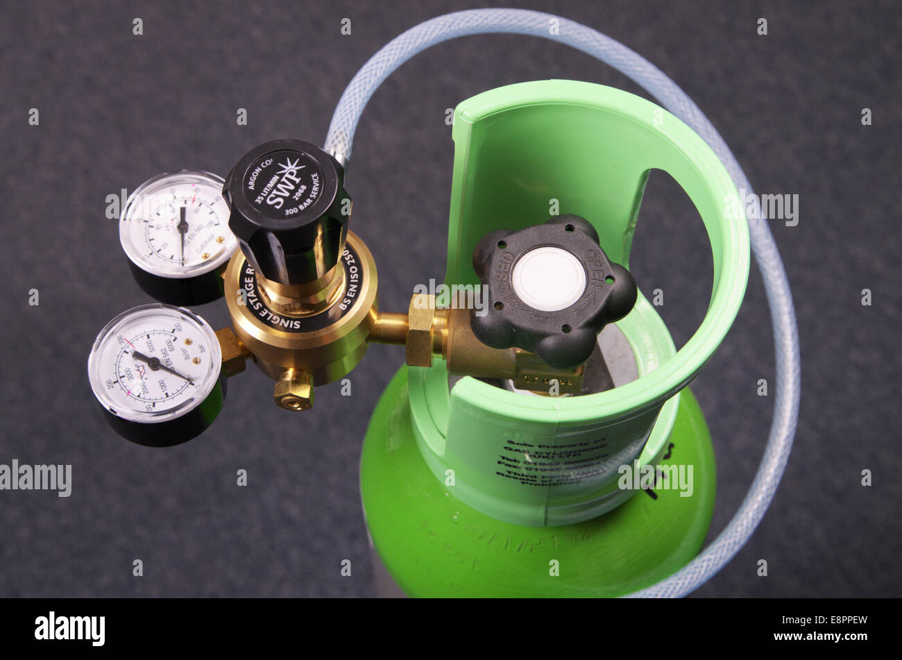 Small Ten Litre Size Argon CO2 Mix Gas Bottle With Regulator For MIG Welding Stock Photo