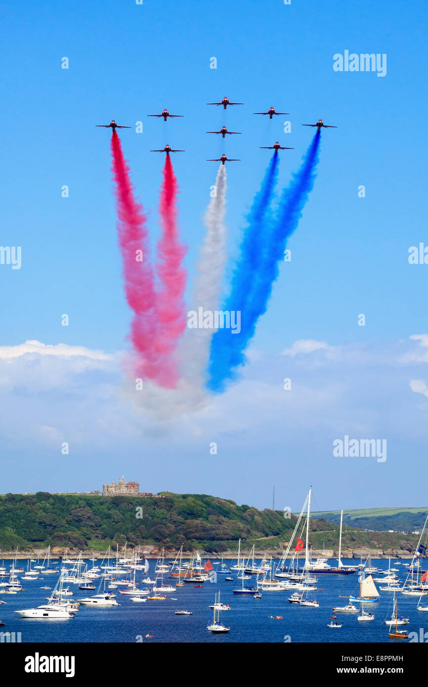 The Red Arrows over Pendennis Castle in Cornwall captured in late May 2014 Stock Photo