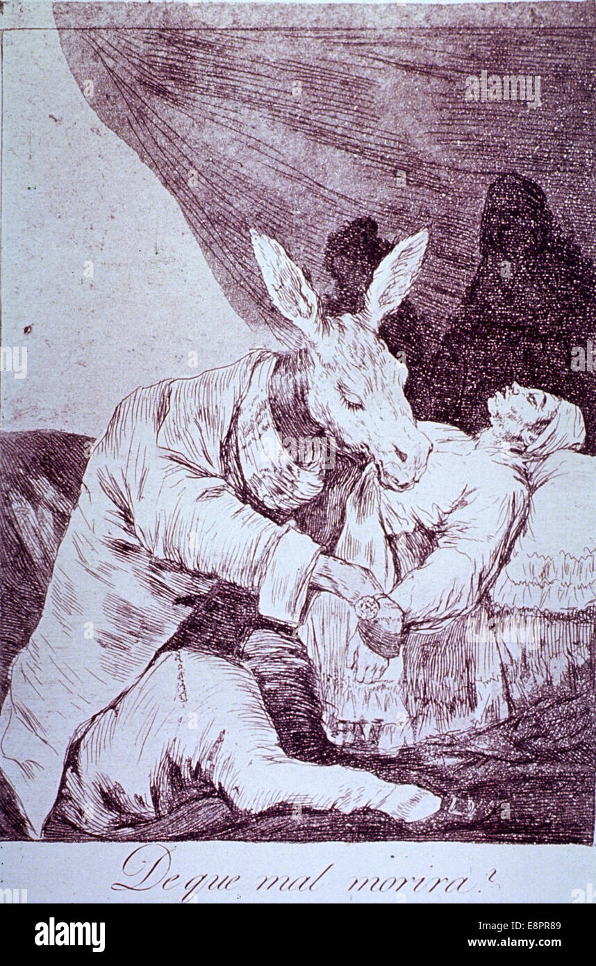 Creator:   Francisco Goya    Physical Description:   1 print : etching ; 19 x 14 cm.    Image Description:   A donkey is taking  Stock Photo