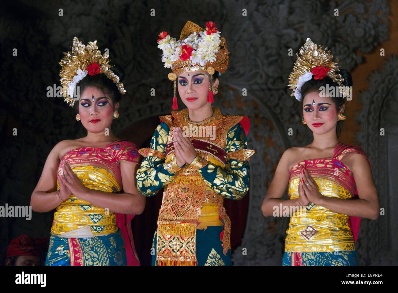 Three female dancers accepting aplause Ubud Bali Indonesia Stock Photo