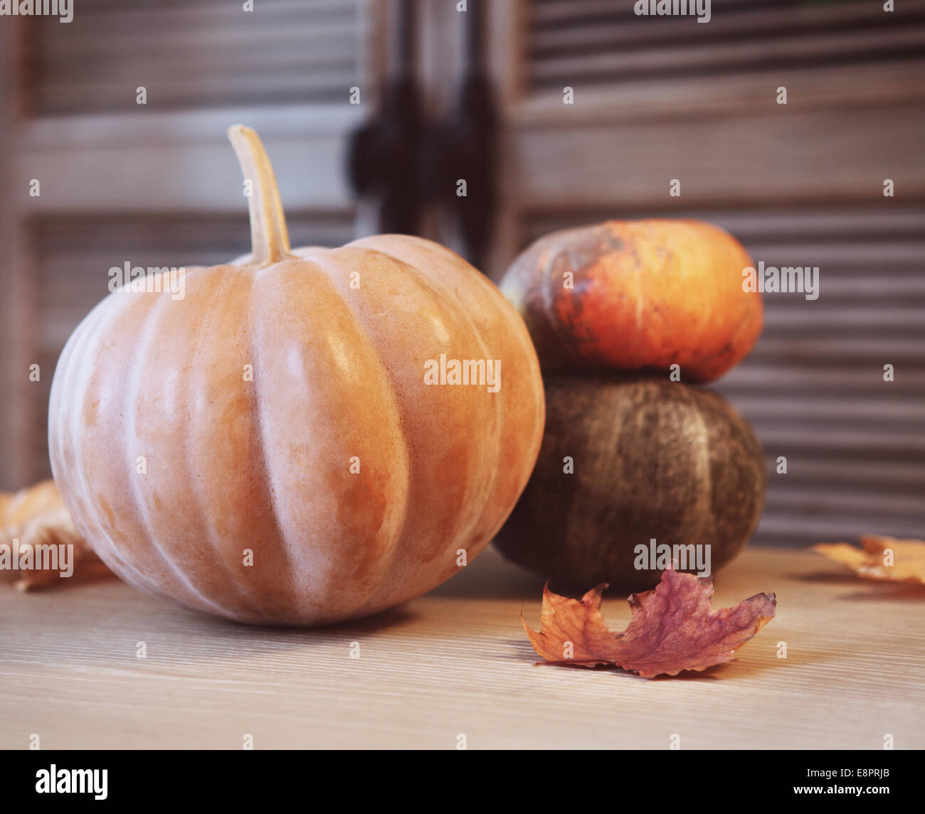 Autumn pumpkins with leaves on wooden table. Autumn place setting ...