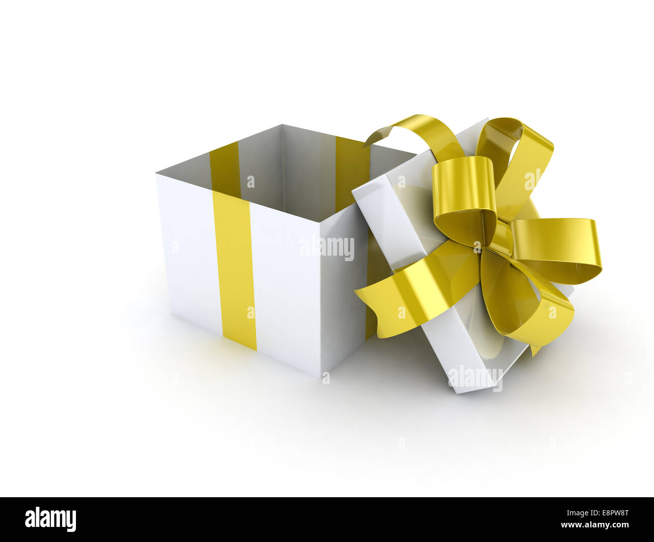 Gold ribbon open gift box on white background Stock Photo