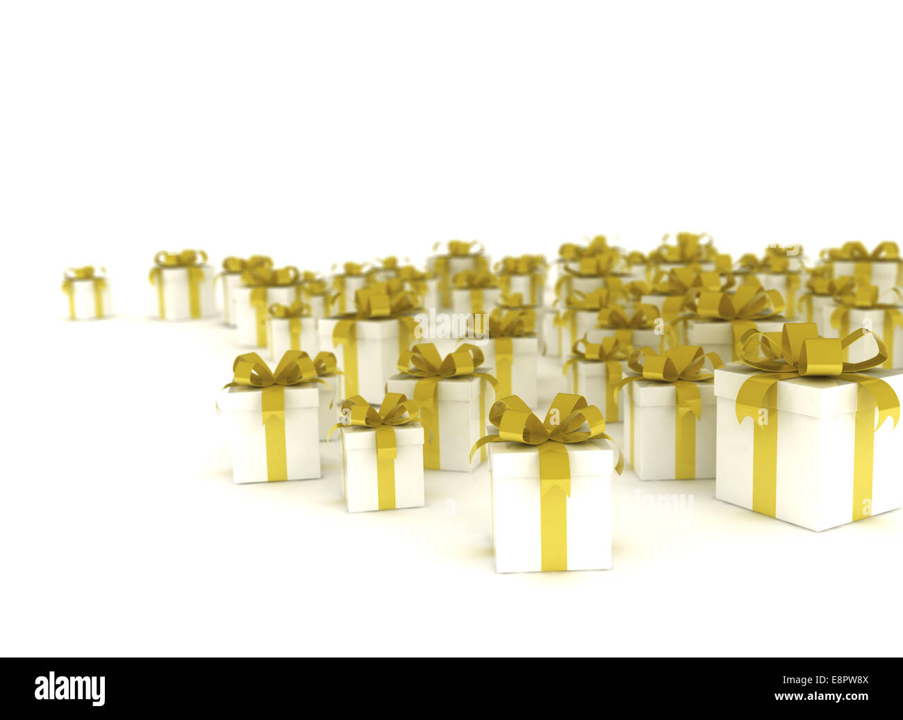 Group of golden ribbon gift boxes on white background Stock Photo - Alamy