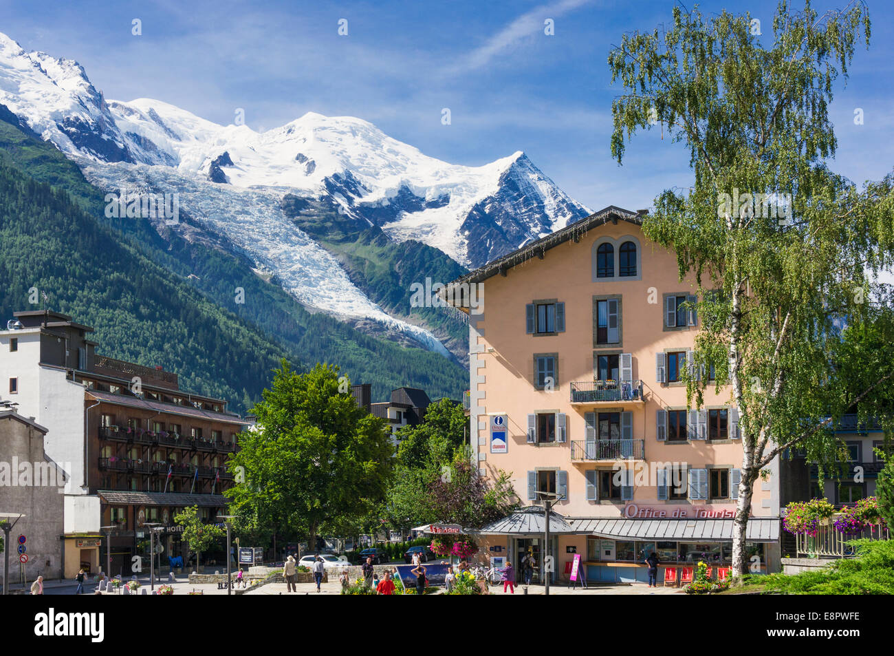 Tourist Information Office and Mont Blanc in Chamonix town in summer, France, Europe Stock Photo