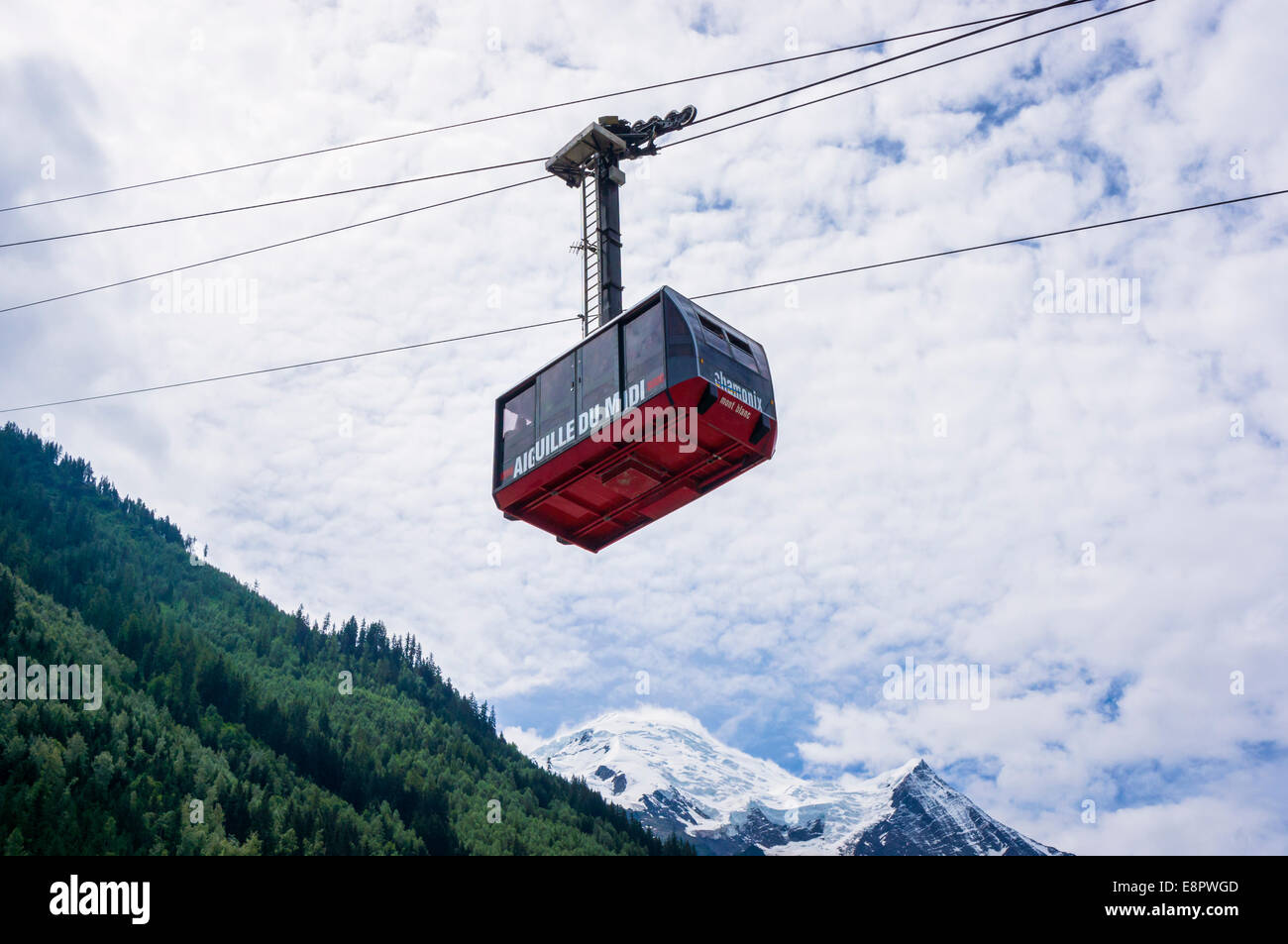 Aiguille du Midi cable car with Mont Blanc behind in Chamonix, France, Europe Stock Photo