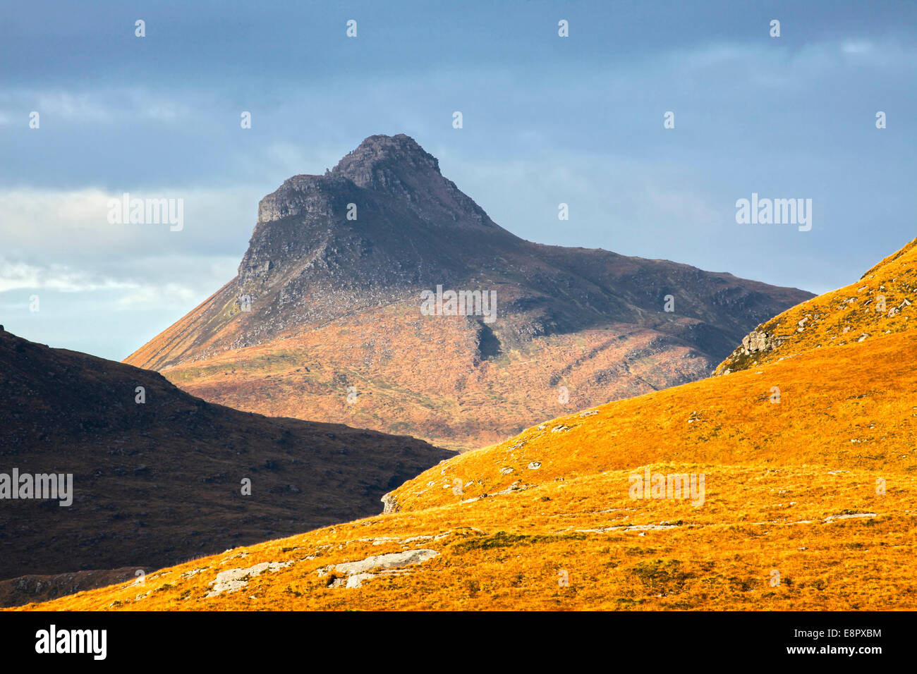 Stac Pollaidh captured from Knockan Crag in the Scottish Highlands. Stock Photo